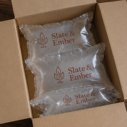 Branded air pillows inside an opened shipping box