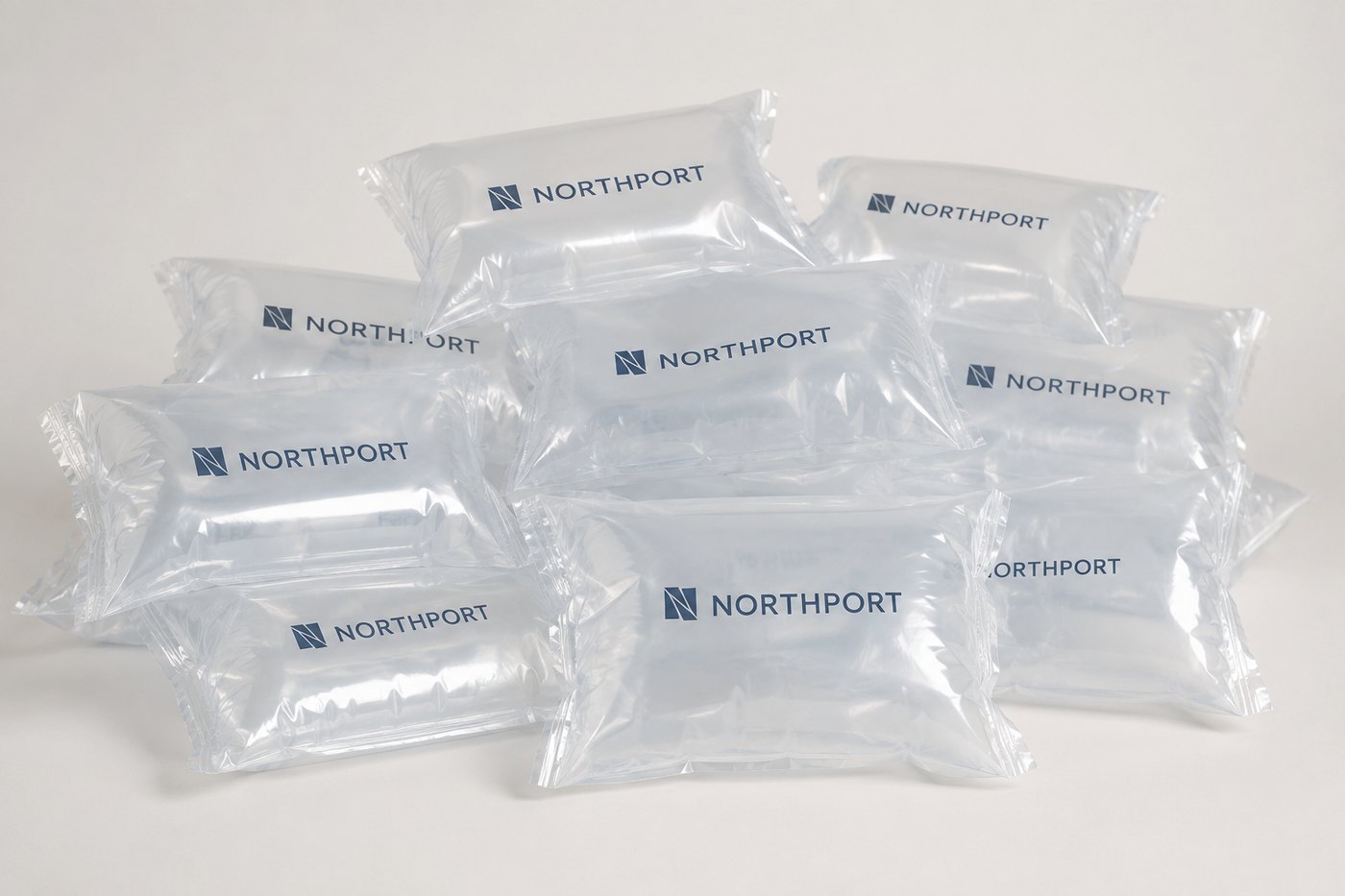 Custom air pillows printed with a company logo, ready for bulk void-fill packaging