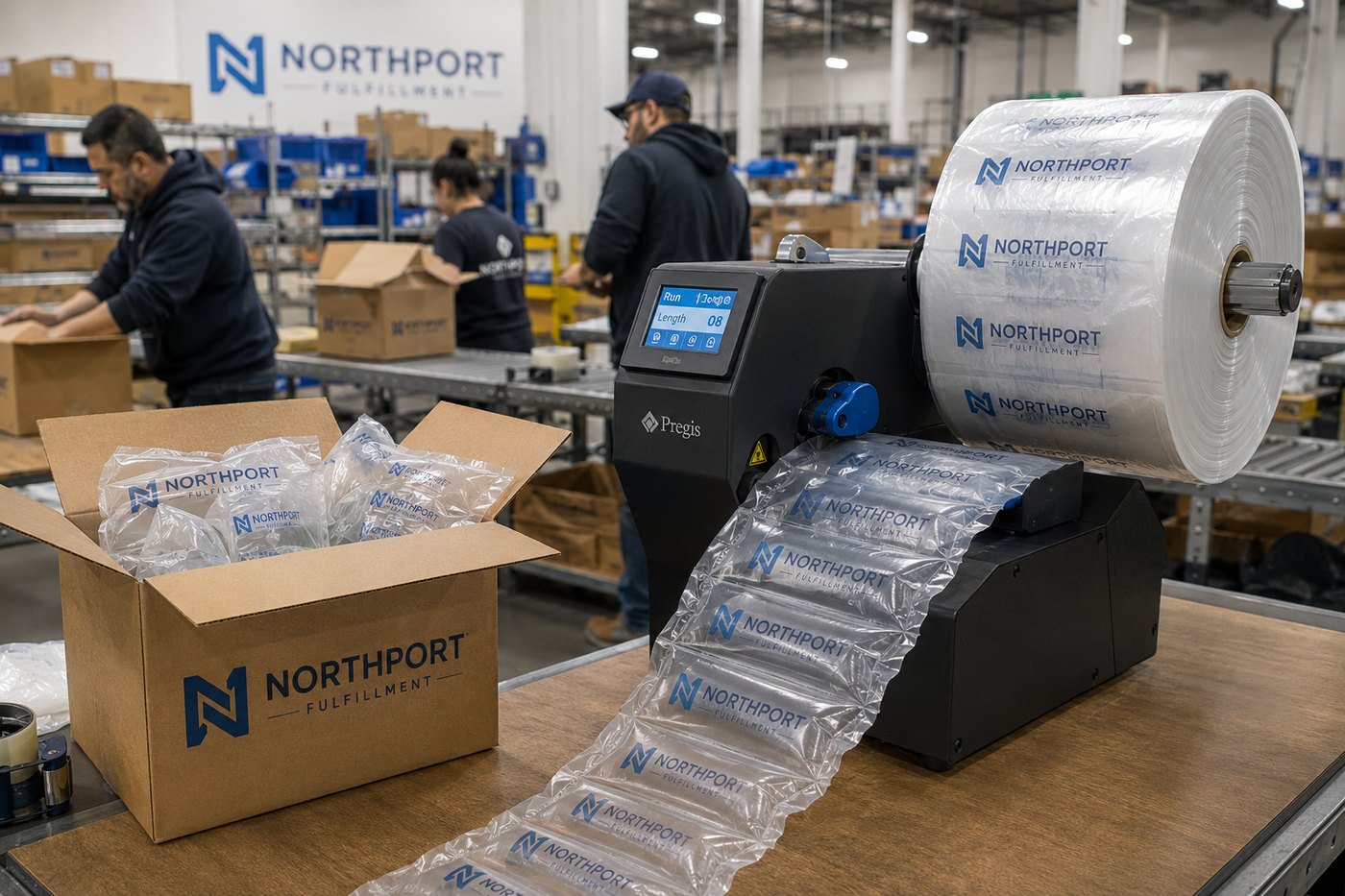 Custom branded air pillows at a 3PL warehouse