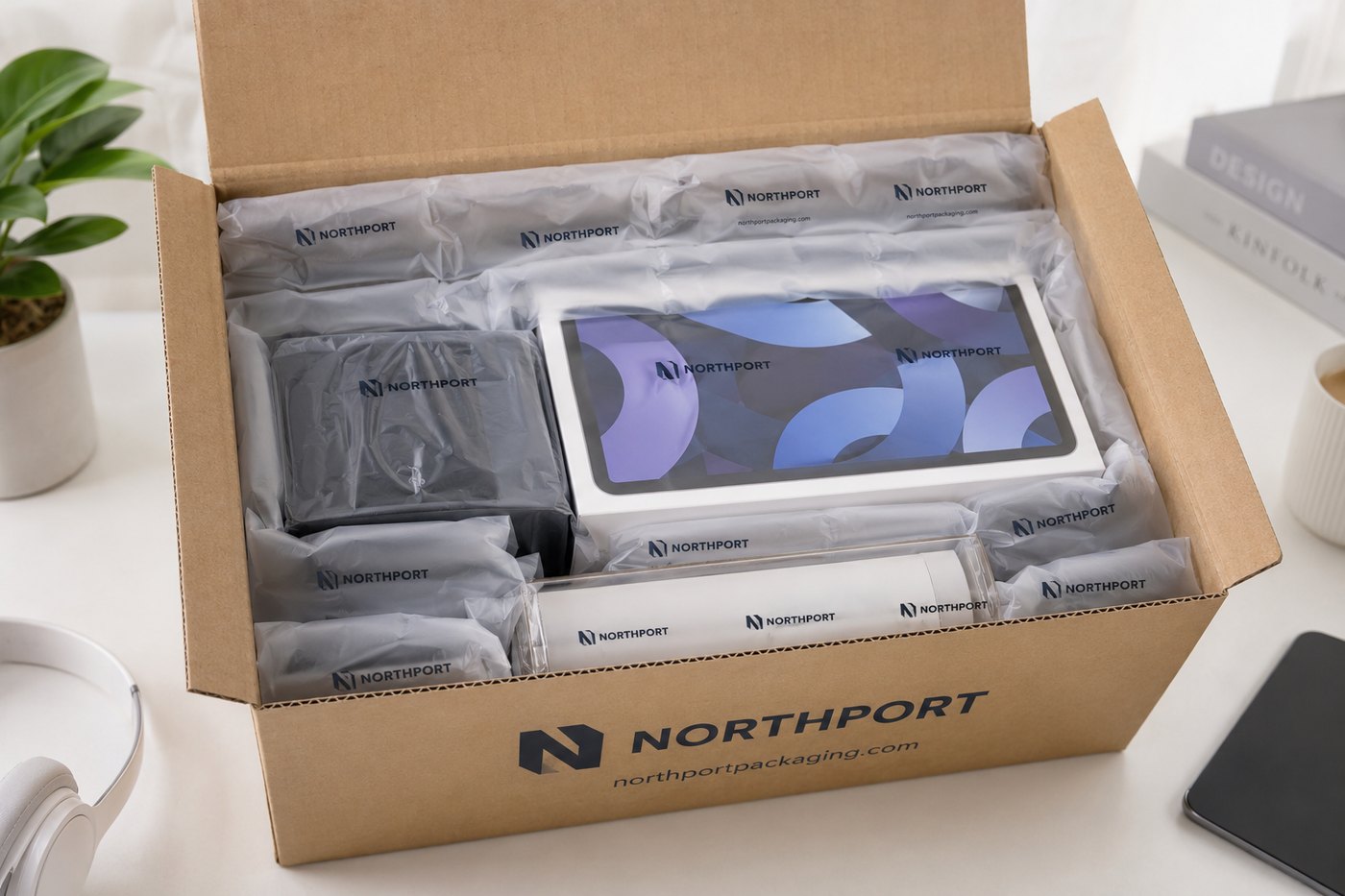 Custom branded air pillows protecting electronics