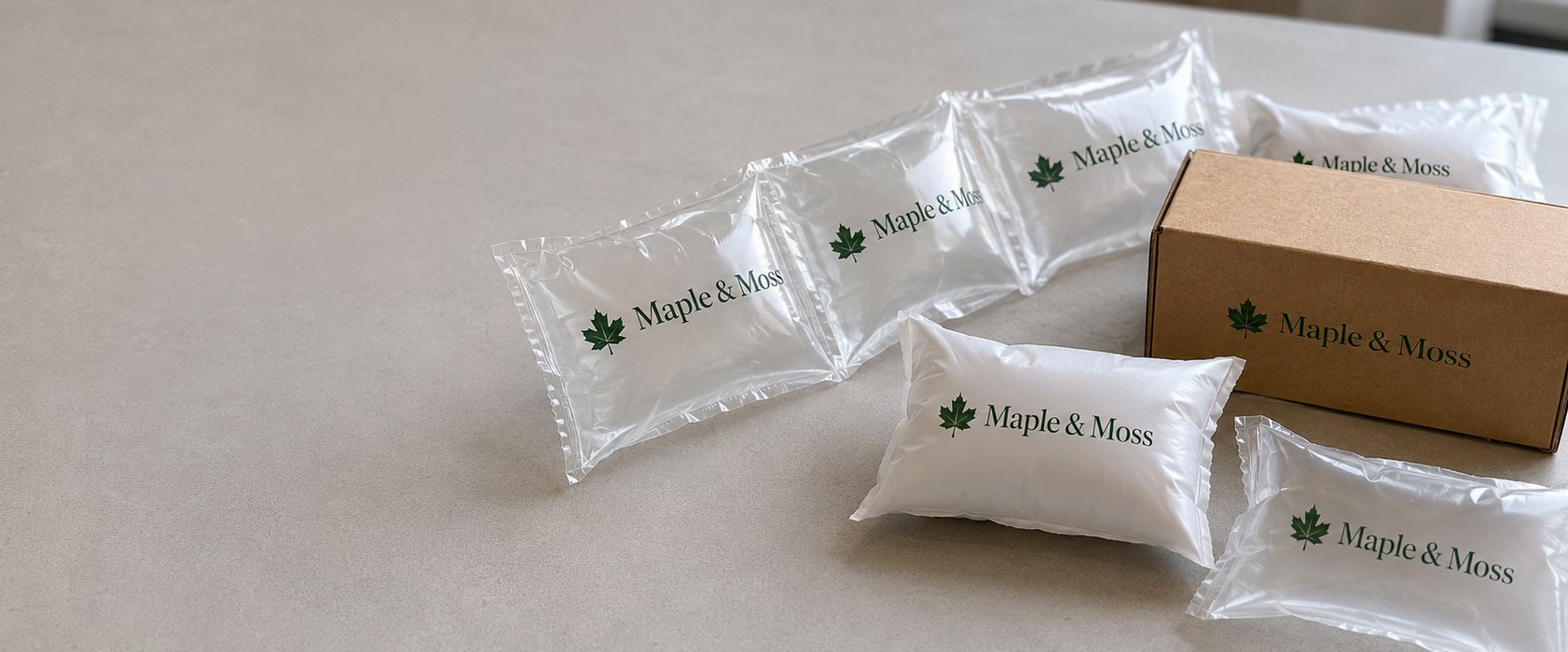 Custom printed air pillows with logo filling a shipping box
