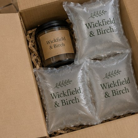 Custom protective packaging pillows around a candle order