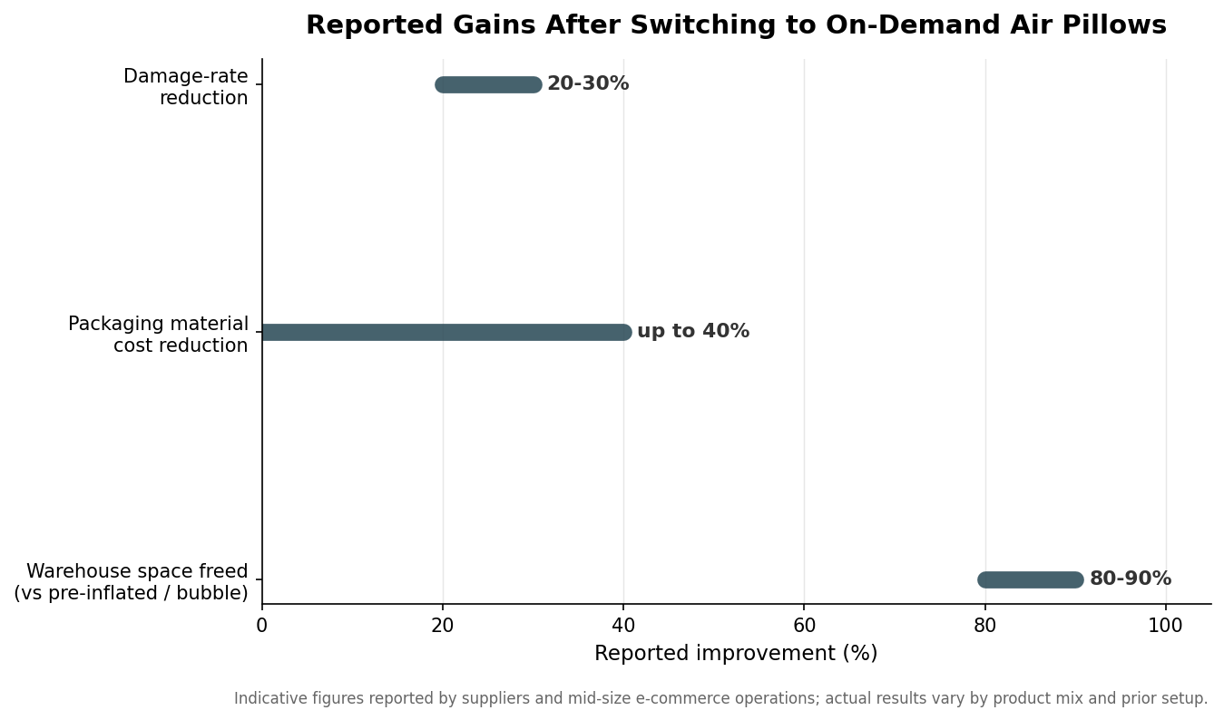 Horizontal range bar chart of reported percentage improvements in warehouse space, material cost, and damage rate after switching to on-demand air pillows